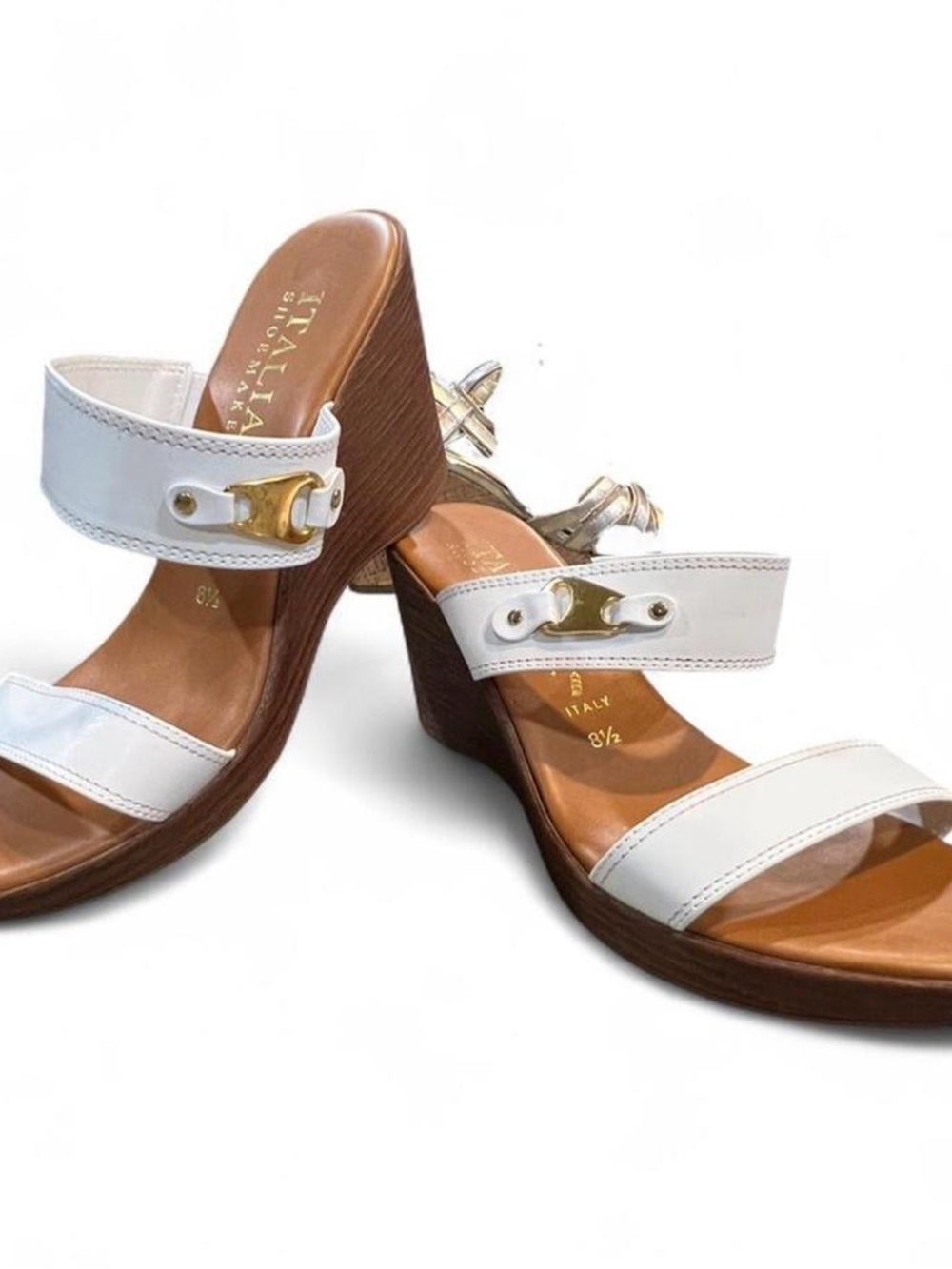 Italian Shoemakers White Leather Gold-Accent Wedge Sandals